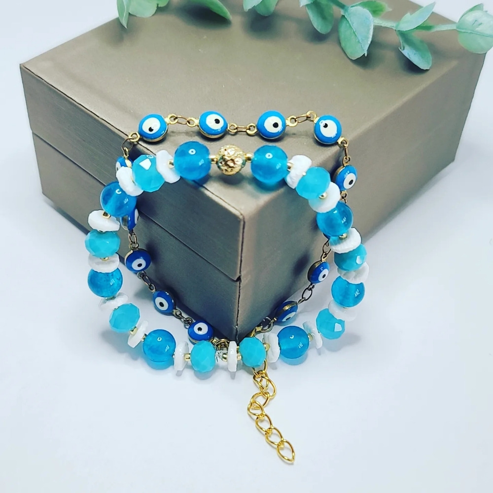 Blue agate, Mather of pearl and Evil Eye Bracelet set